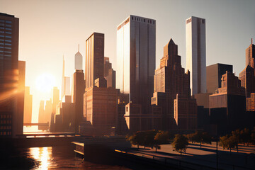 High-rise buildings of a modern city at sunrise.