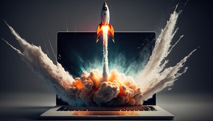Rocket launch from laptop. System startup concept. Generative AI. - obrazy, fototapety, plakaty
