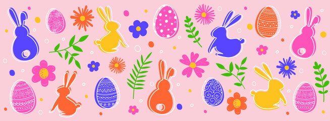 Easter eggs, bunnies and flowers on pink background. Banner. Vector illustration