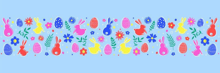 Easter decoration with painted eggs, bunnies and flowers. Banner. Vector illustration