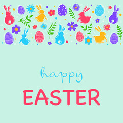 .Easter greeting card with hand drawn eggs, bunnies and flowers. Concept of Easter decoration. Vector illustration