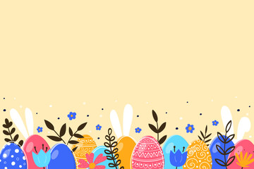 Fototapeta na wymiar Easter eggs, flowers and bunnies on yellow background. Vector illustration