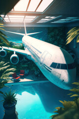 in the plane with pool background, ai