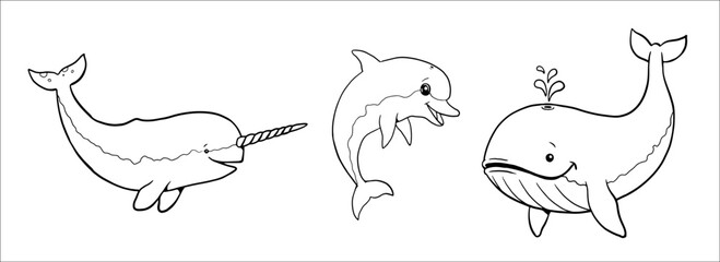 Cute narwhal, whale and dolphin to color in. Vector template for a coloring book with funny animals. Coloring template for kids.
 - obrazy, fototapety, plakaty