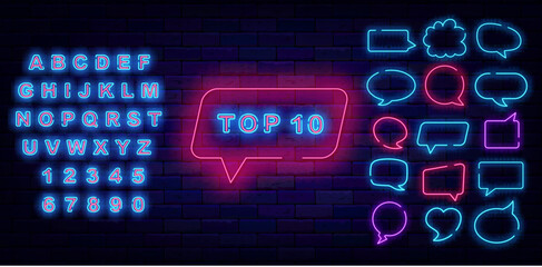 Top 10 neon sign. Speech bubbles frames set. Hit parade and champion label. Vector stock illustration
