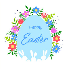 Colourful Easter egg with hand drawn flowers and bunnies. Concept of  Easter background. Vector illustration