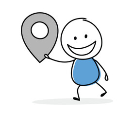 Hand drawn map pin symbol. Funny concept with a stickman holding icon. Cartoon style design. Vector illustration