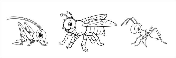 Cute grasshopper, bee and ant to color in. Vector template for a coloring book with funny animals. Coloring template for kids.