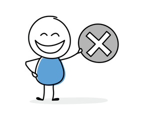 Funny cartoon stickman holding x mark icon. Hand drawn design for a business presentation. Vector illustration