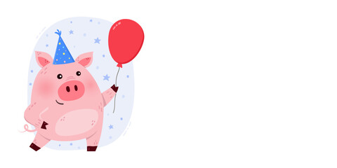 White background with funny pig with a balloon. Birthday banner with a cute animal. Design for invitation, banner, card. Vector illustration