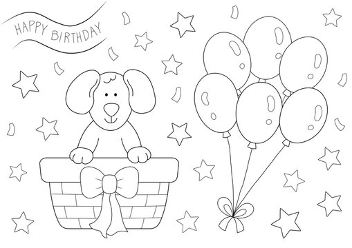happy birthday coloring page. cute design with a dog and balloons that you can print on A4 paper