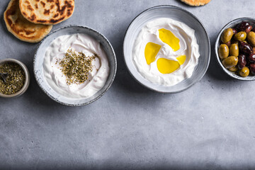 Labneh yogurt cream cheese dip - obrazy, fototapety, plakaty