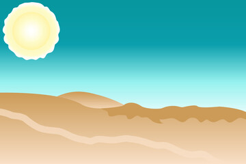 Fototapeta na wymiar Vector image, illustration Desert on a hot sunny day, golden, beige sand, yellow sun and turquoise, blue sky. Landscape. Graphic design.