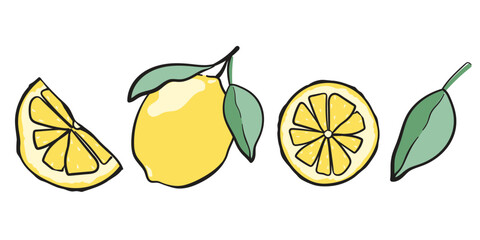 set of yellow lemon, whole and slice, product design vector illustration - 578377935