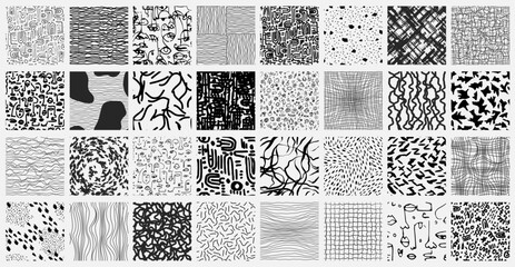 Set of abstract hand drawn seamless pattern set. Contemporary minimal modern trendy freehand doodle. Templates for social media icons, posters. Vector