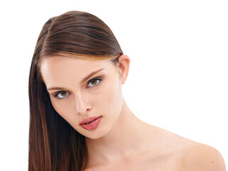 A brunette model with a brown hair and a glowing complexion highlights the benefits of collagen and dermatological care isolated on a PNG background.