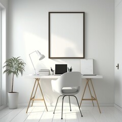 Minimalist empty white frame on a wall above 3d render of a modern office desk with chair, laptop, lamp and plant, well lighted, Generative AI