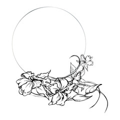 Hand drawn vector ink orchid flowers and branches, monochrome, detailed outline. Circle wreath composition. Isolated on white background. Design for wall art, wedding, print, tattoo, cover, card.