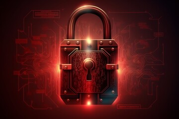 Cyber security lock, protection, network service for business, digital lock with password, red background, AI generated