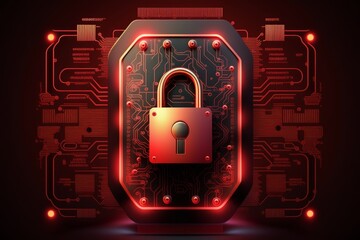 Cyber security lock, protection, network service for business, digital lock with password, red background, AI generated