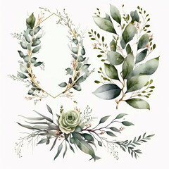 Floral branches set.  Green leaves, green branches collection. Set of watercolor floral illustrations. Generative AI