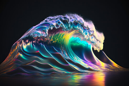 Generative AI illustration of colorful wave on black background