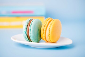 Mint color and yellow macaron on a blue background, copy space