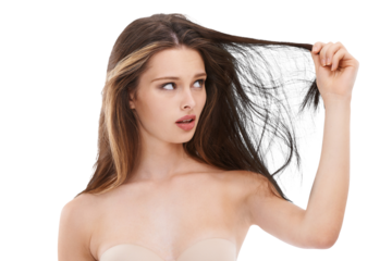 A young model's frustrated expression and displaying split ends highlighted her emphasis on hair care, showcasing determination to find the perfect hairstyle isolated on a png background.