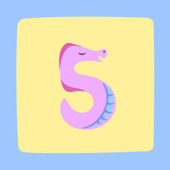 Cartoon animal numbers in flat style. Cute seahorse character. Number 5.
