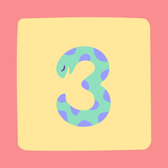 Cartoon animal numbers in flat style. Cute snake character. Number 3.