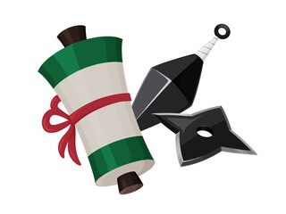 忍者の道具のイラスト_巻物と手裏剣とクナイ