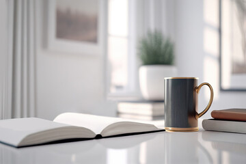 Open book on a white table next to a cup of coffee. Generative AI