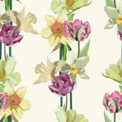 Wandcirkels tuinposter Elegance Seamless pattern with flowers narcissus, tulips, floral illustration in modern style.  Floral pattern for invitations, cards, print, gift wrap, manufacturing, textile, fabric. © Iuliia