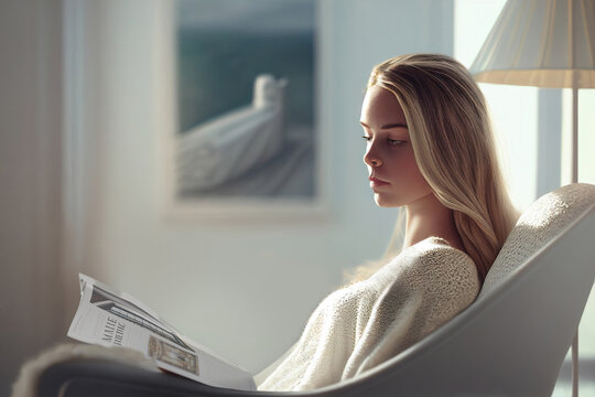 Blonde woman reading a magazine. Generative AI