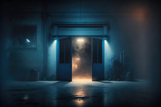 Generative AI illustration of dark empty hall with smoke