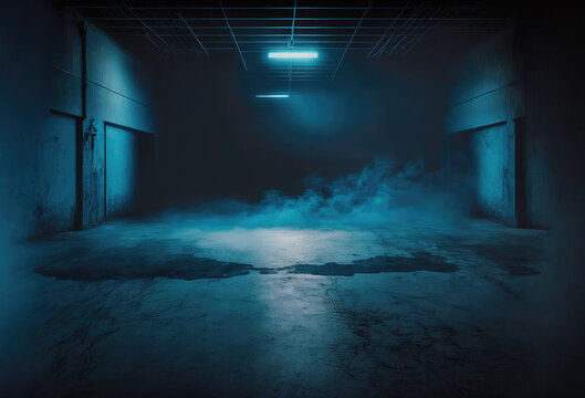 Generative AI illustration of empty dark hall with neon illumination