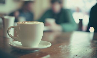 Obraz premium A cup of hot coffee on the table in a cafe with people, small depth of field, generative AI