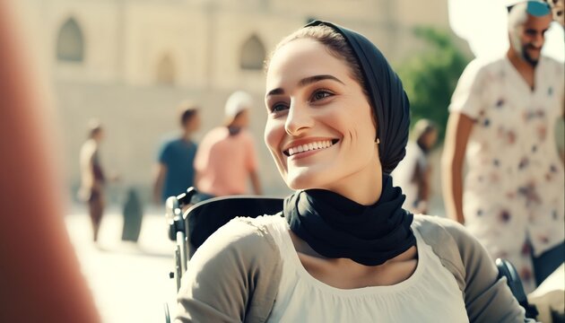 muslim women using wheelchair praying in mosque, Generative AI