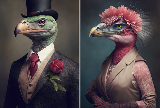 Generative AI illustration of male and female eagles in old fashioned costumes