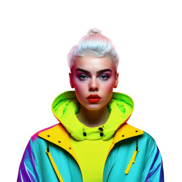 group of young women wearing bright neon clothes and fluorescent lighting. Generative ai
