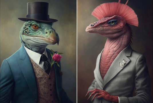 Generative AI illustration of elegant male and female lizards