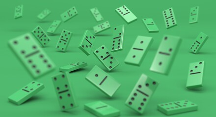 Fototapeta na wymiar green domino, falling domino pieces, domino game, casino game casino pieces, gaming background (3d illustration)