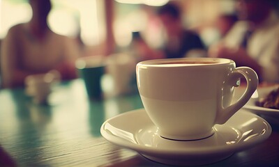 Fototapeta premium A cup of hot coffee on the table in a cafe with people, small depth of field, generative AI