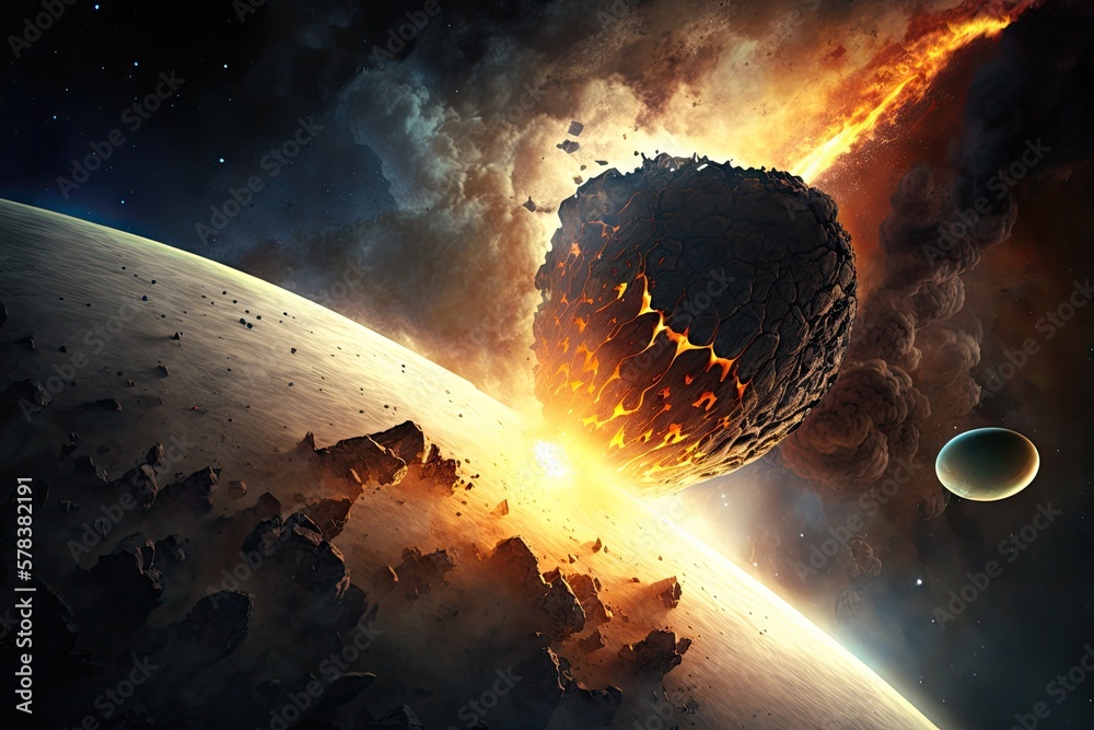 Wall mural illustration of an asteroid colliding with a planet - created with generative ai