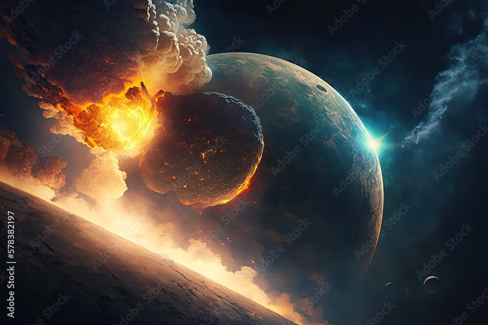 Wall mural illustration of an asteroid colliding with a planet - created with generative ai