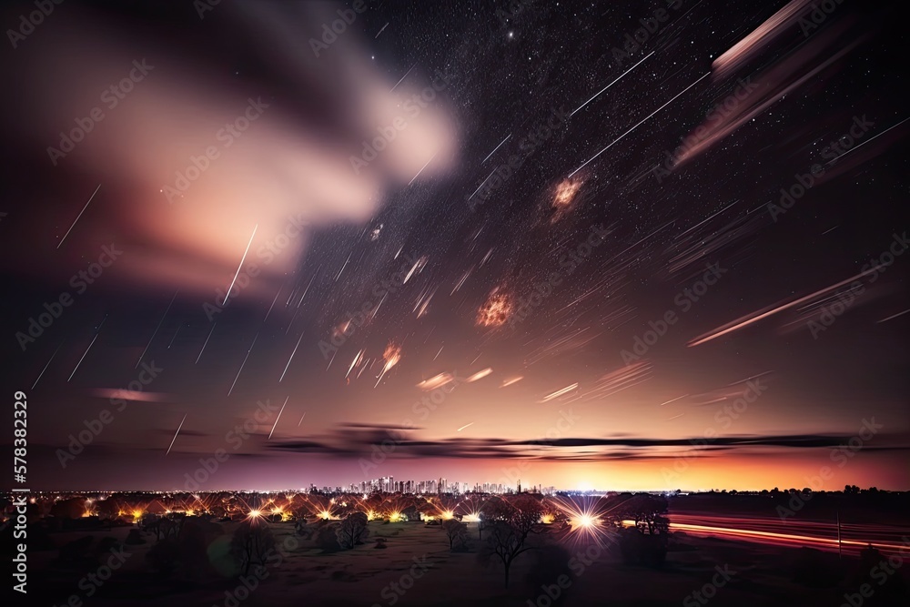 Wall mural set of illustrations of a landscape with asteriods, comets and shooting stars - created with generat