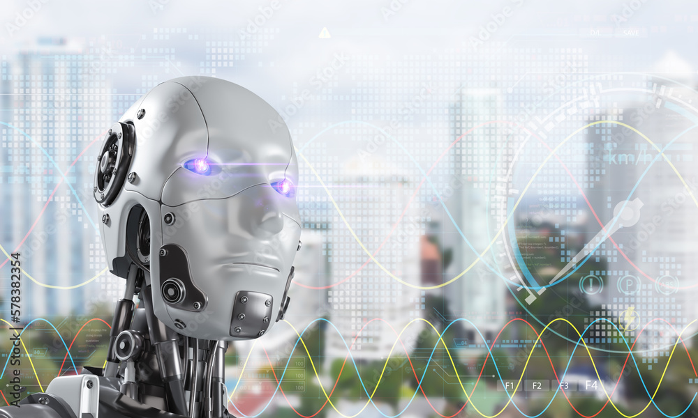 Poster humanoid robot stand on futuristic background. robot cybernetic organism works with a virtual hud in