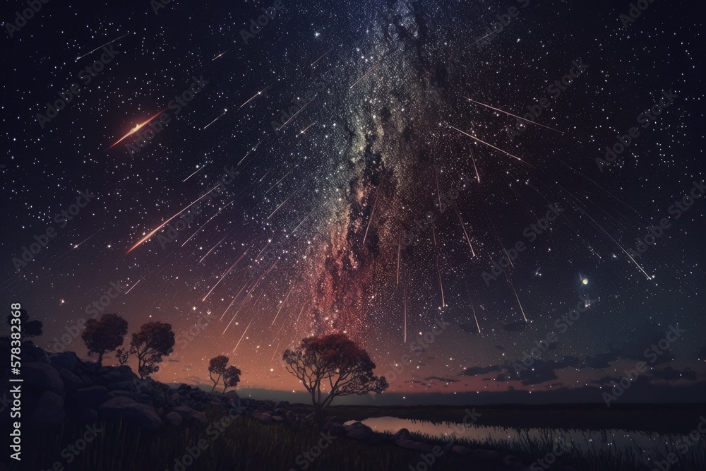 Wall mural set of illustrations of a landscape with asteriods, comets and shooting stars - created with generat
