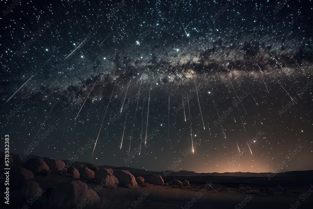 Wall mural set of illustrations of a landscape with asteriods, comets and shooting stars - created with generat