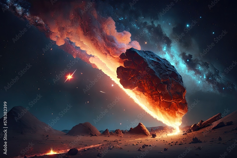 Wall mural set of illustrations of a landscape with asteriods, comets and shooting stars - created with generat